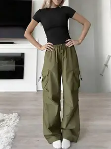 Women's Y2K Style Loose Fit Wide Leg Pants, Adjustable Drawstring Waist Multi-Pocket Design, Casual Comfortable Long Trousers for All Seasons