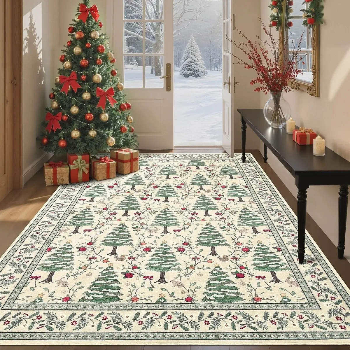 Christmas decorative carpet, Christmas tree print carpet, soft comfortable area carpet, Home Decorative Rug, Soft Rugs, Christmas home decoration gift, multifunctional suitable for living room area, bedroom bedside, kitchen