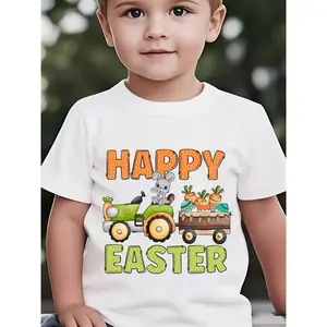 Boys' Easter Bunny Print T-Shirt, Cotton 100% Crew Neck Cute Top, Easter Outfit, Girls Summer Outfit, Toddler Boy Clothes, Boys' Casual Easter T-Shirt Happy Easter Letter Tractor Rabbit, Carrot, Egg Print , Short Sleeve, Crew Neck