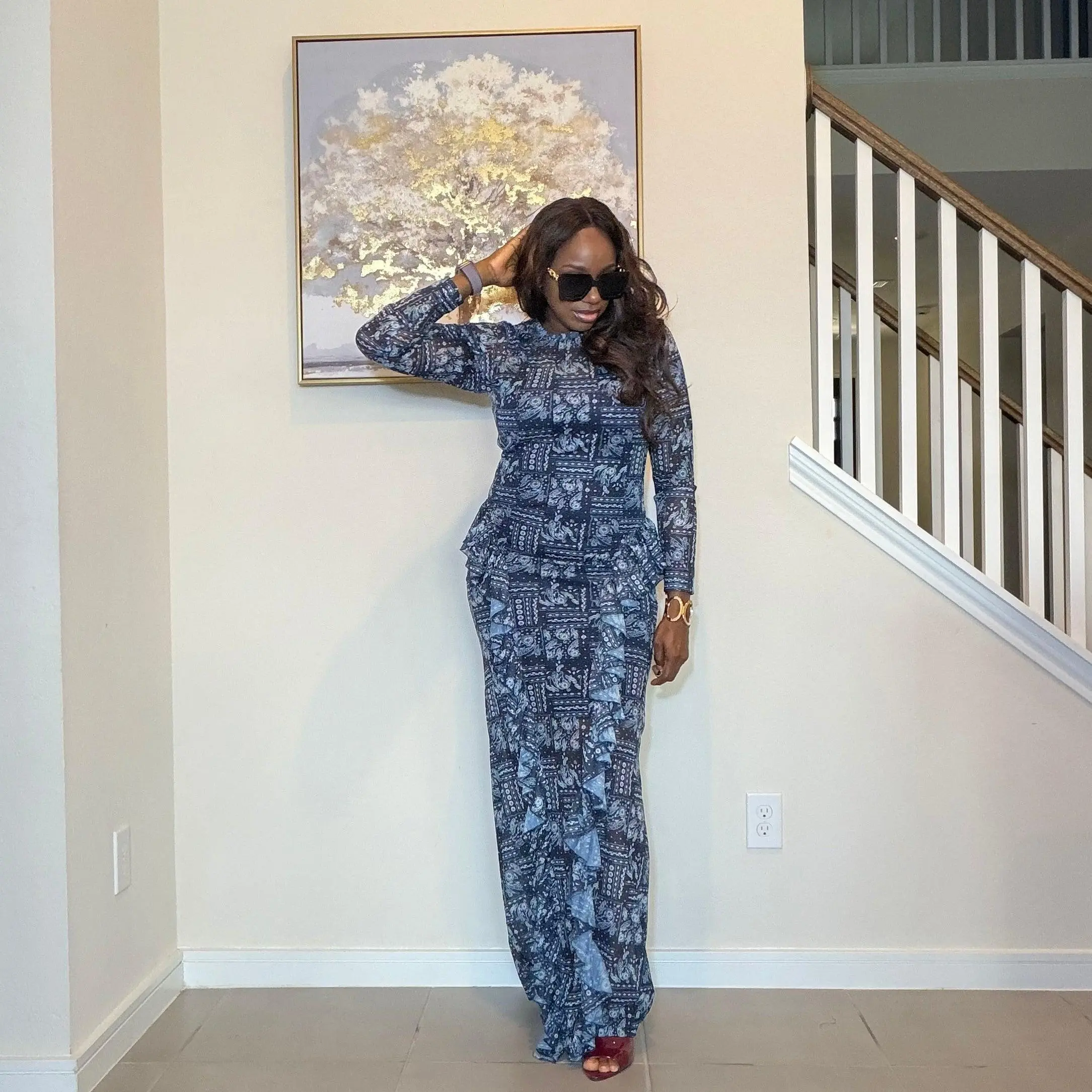Elegant Indigo Mesh Long Dress