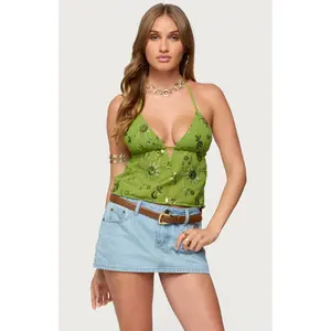 Edikted Women's Kiki Sequin Floral Chiffon Halter Top