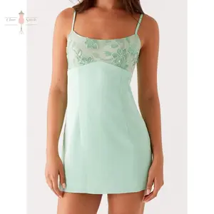 Women's Mini Cami Dress Stylish Sequin Flower Embroidered Square Neck Spaghetti Strap Dress Sleeveless Casual