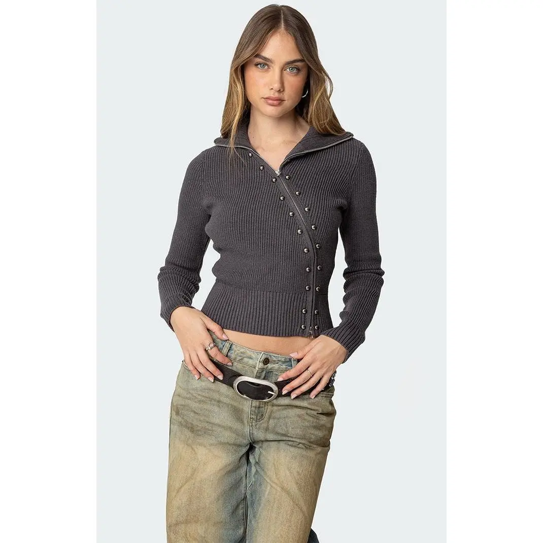 Edikted Women's Ribbed Asymmetric Zip Up Cardigan
