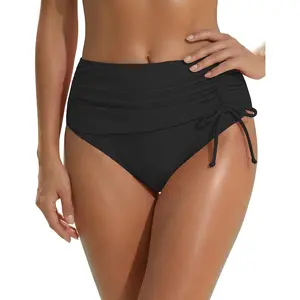 Women's High Waisted Tummy Control Bikini Bottoms Drawstring Ruched Swim Brief Bathing Suit Bottom
