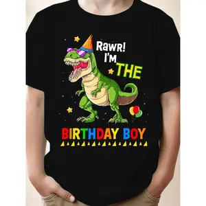 Dinosaur Print Birthday Element - Boys' Short-Sleeve T-Shirt - Summer Fashion Casual Top - "RAWR! I'M THE BIRTHDAY BOY" - NY-DX3994