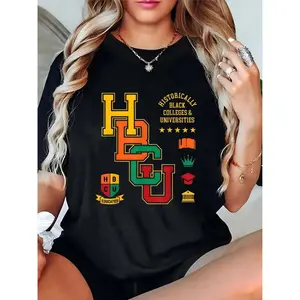 Women's HBCU Historically Black Colleges & Universities T-Shirt, Colorful HBCU Letters, Educated Shield, Grad Cap, Crown, Stars, Book, Building Graphic, Casual Campus/Event Wear for Students & Alumni, Black History Month Apparel 100% Cotton T-shirt