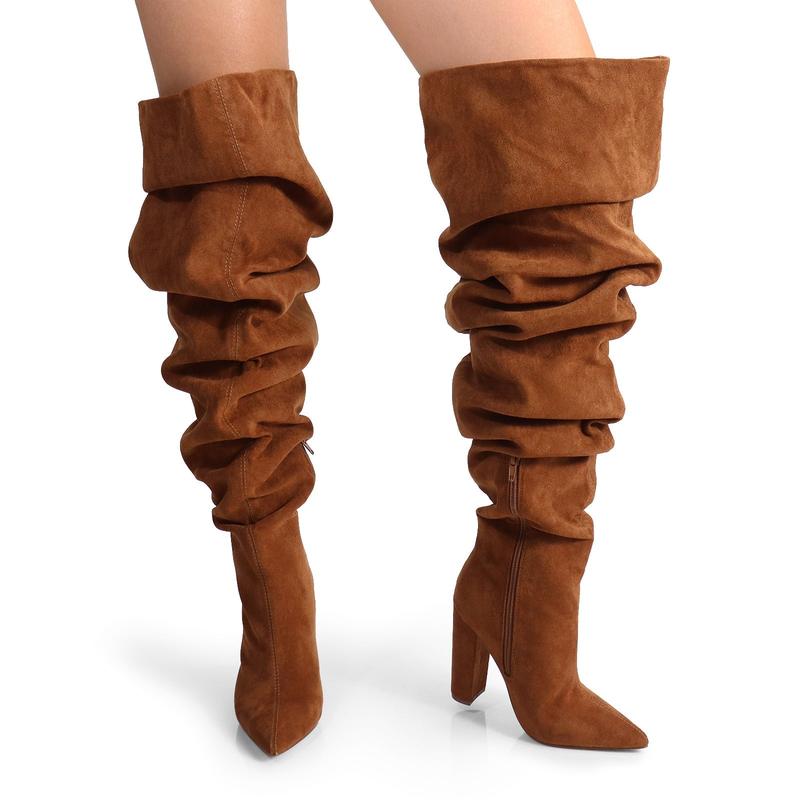 Over The Knee Wide Calf Slouchy Chunky Heel Boots – Snug Toe Fit