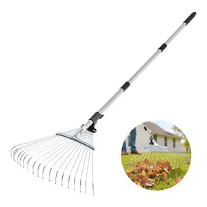 Leaf Rake Steel Garden Rake With 18 Tines, Adjustable Length From 32.3 To 55.6 Inches, Long Handle For Effortless Yard Cleanup, Lawn Debris Removal, Heavy Duty, Weather Resistant, Ergonomic Grip And Durable Construction