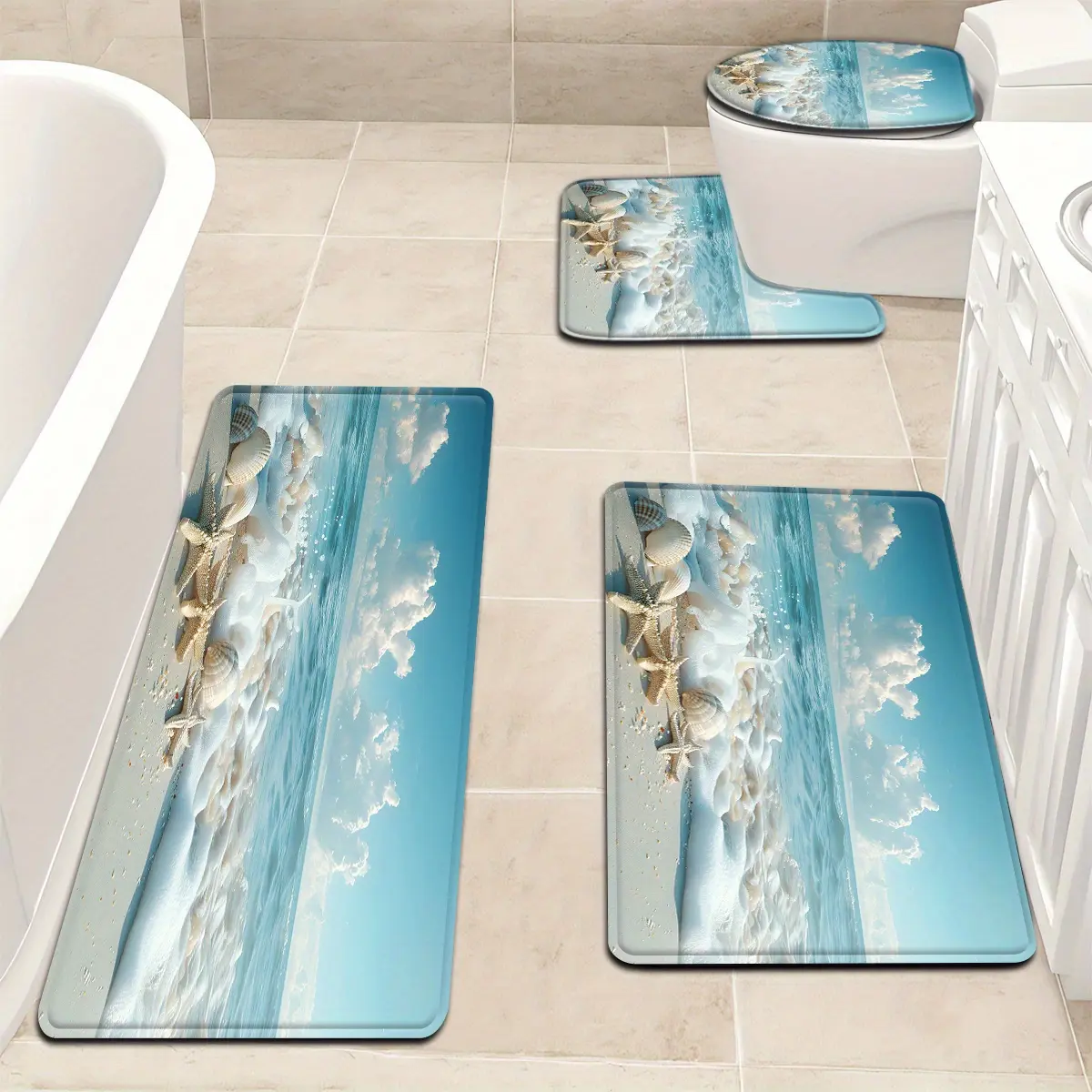 Open 3pcs/4pcs Ocean Series Seaside Shell Pattern Bathroom Mat Set Toilet Seat Ring U-shaped Foot Pad
