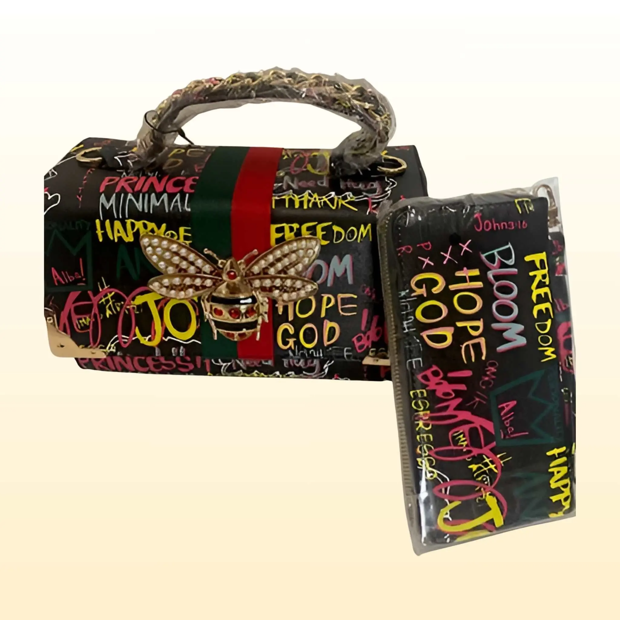 Women's Queen Bee Trendy Multi Graffiti Boxy Satchel Handbag