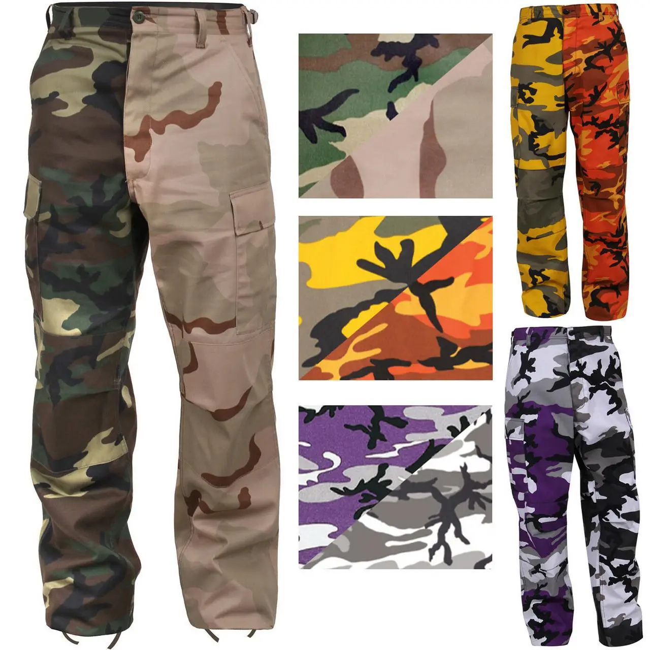Two Tone Camo Cargo Pants Tactical Fashion BDU Army 6-Pocket Uniform Fatigues