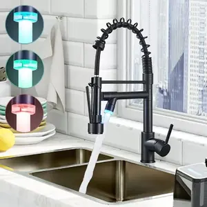 Commerical LED Kitchen Faucet with Pull Down Sprayer, Single Handle 2 Spout Stainless Steel Spring Kitchen Sink Faucet with Lock, Matte Black