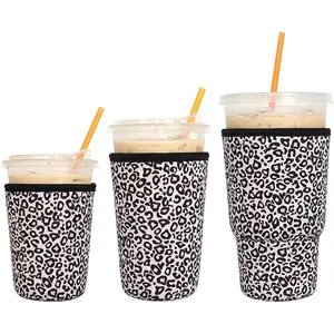 3 Pack Reusable Iced Coffee Sleeves - Insulator Sleeve for Cold Beverages, Neoprene Coffee Cup Holder (Leopard print)