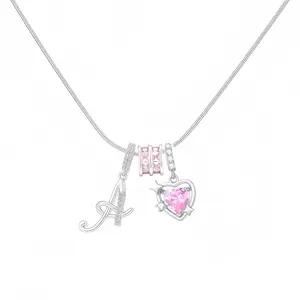 Silver Initial A Letter Necklace for Women, Dainty Pink Heart Cubic Zirconia Pendant, Adjustable Snake Chain Personalized Alphabet Charm Necklace, Y2K Aesthetic Jewelry Gift for Girls, Valentines Birthday Gifts Stainless Steel Layered Cross