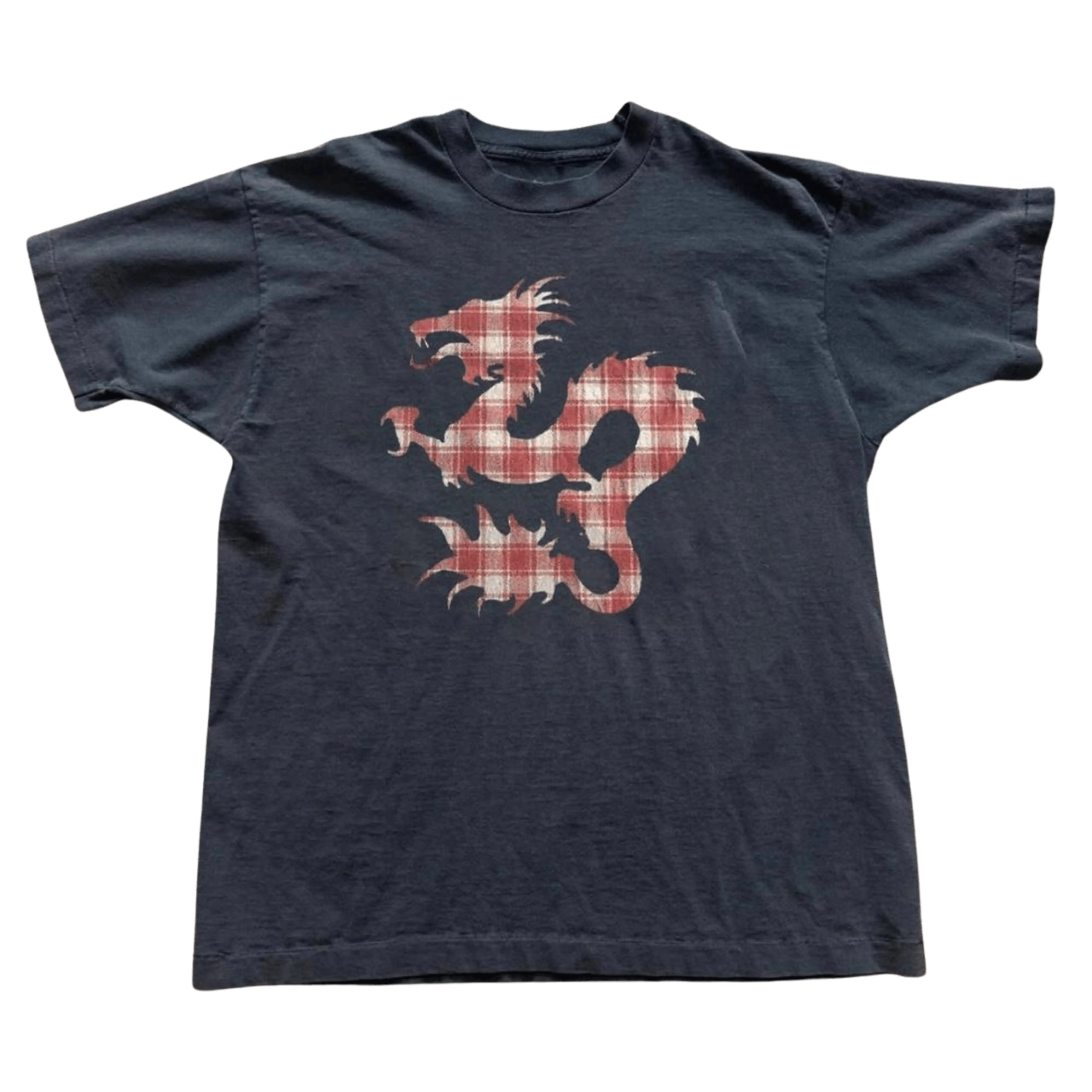 Gildan Men's and Women's T-Shirt, Vintage Zushi Dragon Graphic Tee, Y2K Grunge Streetwear Shirt, Red Plaid Asian Dragon Tops, Cyberpunk Graphic Clothes, Casual Outfits, Vintage Fashion Gift Tees, Premium Cotton, Menswear