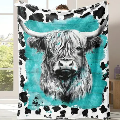 Highland Cow Printed Flannel Blanket, 1 Count Soft Comfortable Warm Throw, Air-conditioned Room Blanket, Cool Bedroom Bedding Blankets for Home Office Travel, Cow Pattern Blanket