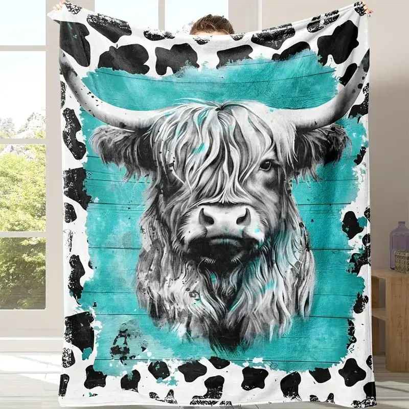 Highland Cow Printed Flannel Blanket, 1 Count Soft Comfortable Warm Throw, Air-conditioned Room Blanket, Cool Bedroom Bedding Blankets for Home Office Travel, Cow Pattern Blanket