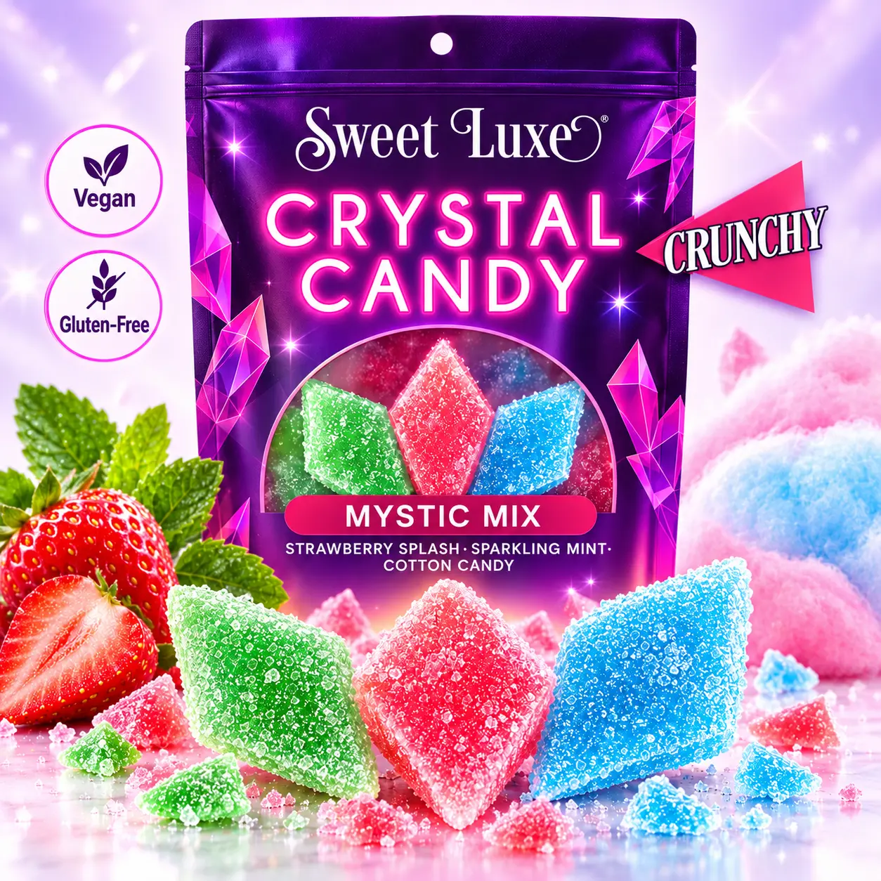 Sweet Luxe Extra Crunchy Crystal Candy Mystic Mix (4oz Bag) Strawberry Splash, Sparkling Mint & Cotton Candy (Packaging may vary)
