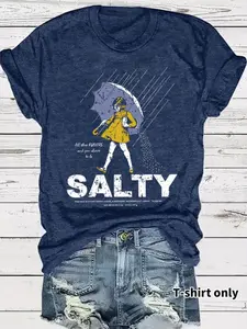 Women's Umbrella & Sality Girl Print Round Neck Tee, Vintage Trendy Casual Short Sleeve Jersey T-Shirt, Fitted for All Seasons, Ladies Summer Top