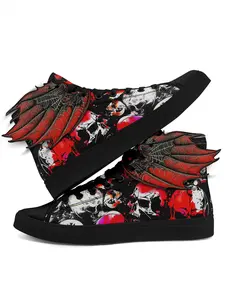 Women's Gothic Skull Wing High-Top Sneakers, 3D Wing Halloween Shoes,Red Flame Skull Print Design Spooky Horror Punk Streetwear, Unisex for Men & Women