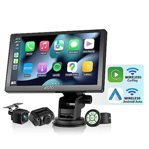 ATOTO P807PR Portable Car Stereo with Wireless CarPlay & Android Auto 7inch QLED Glare-Suppressing Touchscreen HD 1080P Dual Cameras WDR Auto Dimmer Remote Control AUX FM Output Video Player