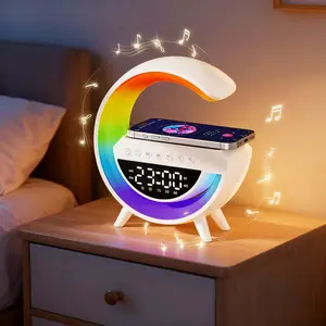 Wireless Charging Table Lamp Multifunctional Bluetooth Speaker & Alarm Clock LED Bedside Desk Lamp Night Light for Heavy Sleepers, Superfine Bedroom Home Decoration