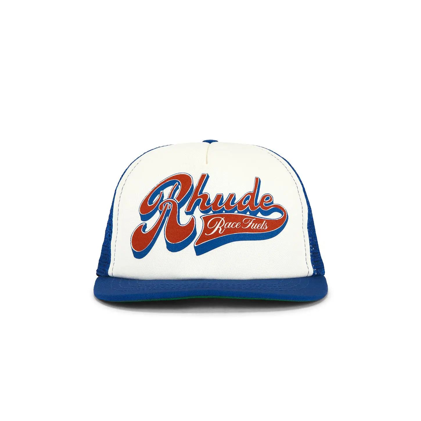 Rhude Pit Stop Trucker Hat in White, Blue, & Red
