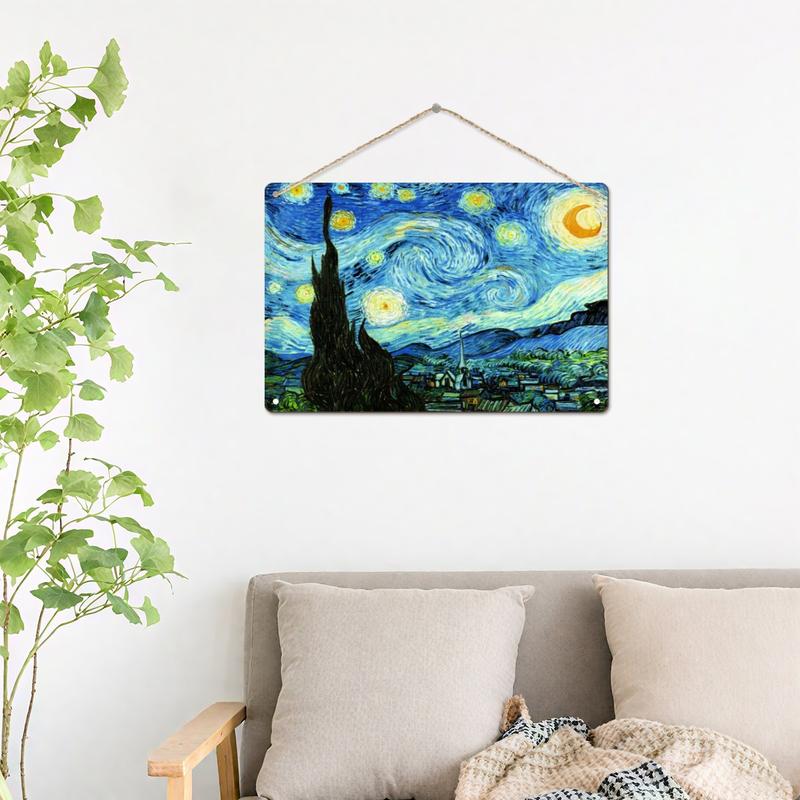 8x12 Inch Van Gogh The Starry Night Wooden Hanging Plaque Classic Impressionist Oil Painting Wall Sign Retro Rope Hanging Decor Farmhouse Bedroom Cafe Viral TikTok Wall Art