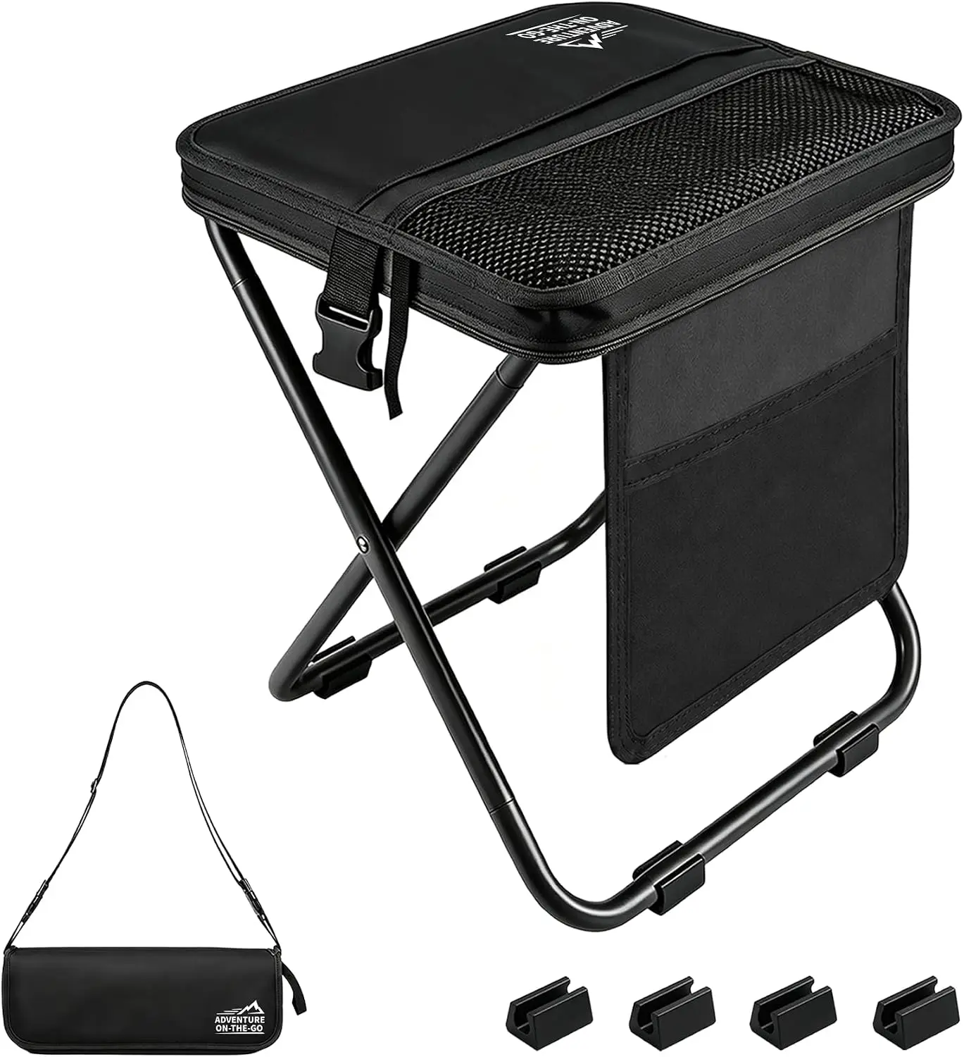 Extra Tall Portable Collapsible Ultralight Stool, Black Extra Large Camping Seat with 3 Side Pockets & Shoulder Strap, 250 lbs Capacity for Fishing, Hiking