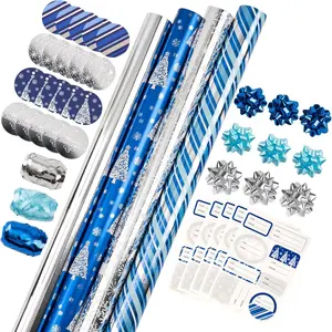 Blue Christmas Wrapping Paper Set - Blue and Silver Metallic Foil Christmas Wrapping Paper Bundle with Gift Bow & Ribbon & Tag & Sticker