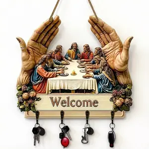 Jesus and Disciples Wall Art with Key Hooks, Wood Rustic Farmhouse Religious Key Holder with 4 Hooks,Small Keychain Organizer Rack for Entryway,Hallway,Entry,Keyring Hook,Christian Wall Decor