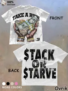 Unisex Y2K Clothing Hip Hop Money Graphic T-Shirt - "Take A Rich / Stack Or Starve" Hustle Streetwear Tee for Rap Fans, Trap Lovers & Urban Hustlers, Cotton Casual Top for Concert, Festival & Daily Street Style