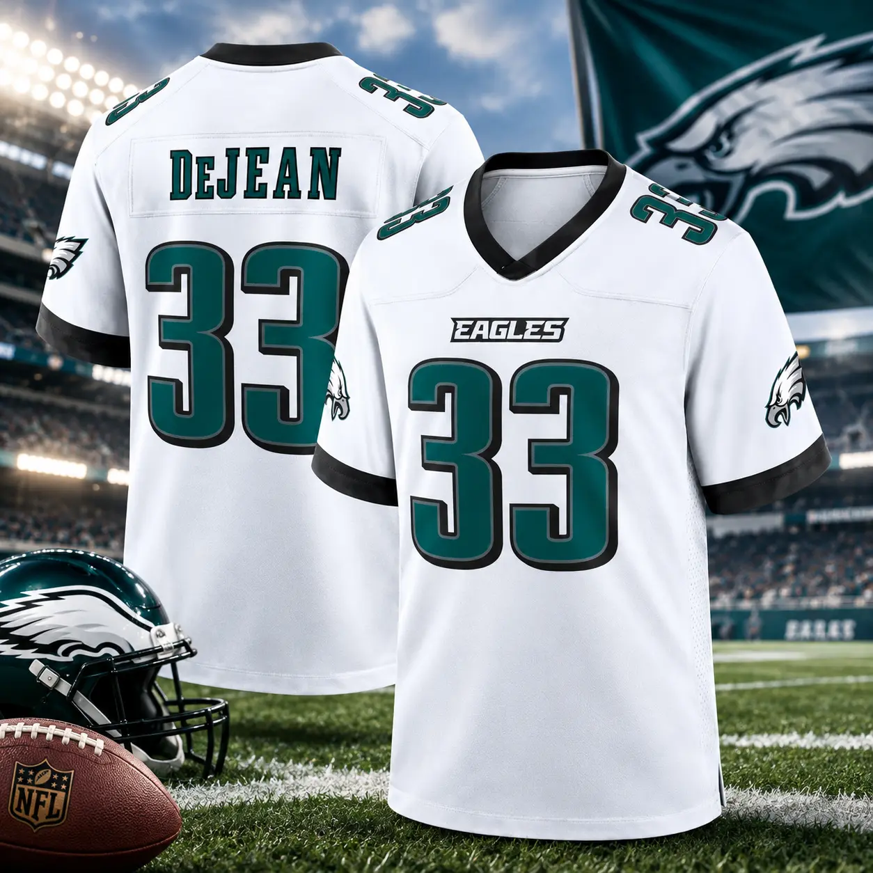 Men's Full Print Midnight Green/White DeJean 33 Football Jersey - Breathable V-Neck Short-Sleeve Athletic Team Game Uniform, Sports Collectible Fan Apparel, Unisex Gift