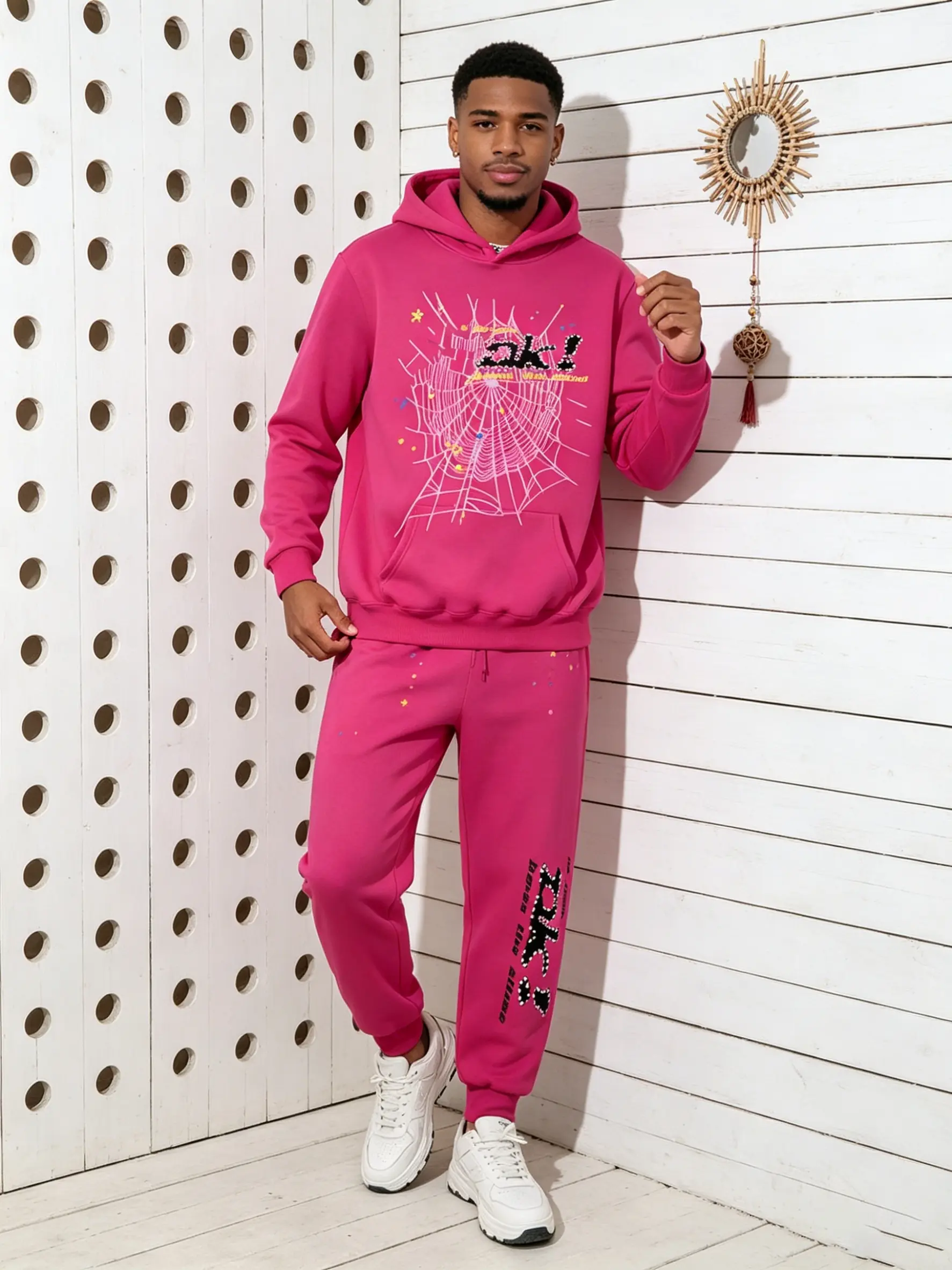 【2-piece set】Y2K Men's Hooded Sweatshirt, Spider Web Pattern, Letter Print, Colorful Stars, Street Punk Style, Casual Fitted, Fall & Winter, Graphic Hoodie，There are combination sets, single piece hoodies, single piece sweatpants, and multiple choices