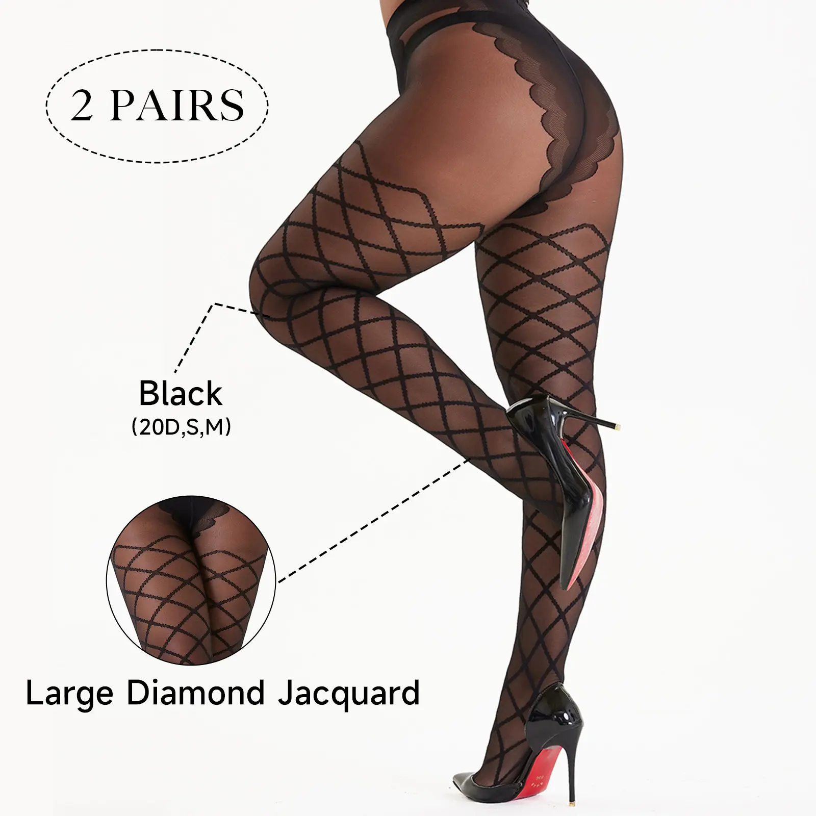 Women’s 2-Pack 20D Sheer Diamond Pattern Spandex-Nylon Thigh-High Tights - Large Fishnet, High Stretch, Breathable Fabric, Black 1 Size for Work & Casual Wear