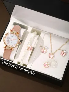 Cute Heart Watch Set for Girls, Bracelet Watch Set, Pearl Butterfly Romantic Fashion Accessories, 6-Piece Jewelry Gift Box Included