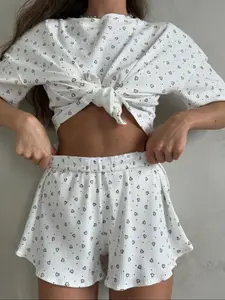 Women's Coquette Soft Breathable Knit Short Sleeve Top & High-Waisted Shorts Set, Summer Casual Loose-Fitting Loungewear, Perfect for Relaxed Home Days & Beach Vacations, Romantic Valentine's Day Gift.