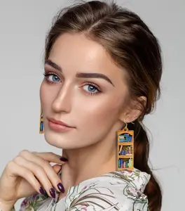 Wooden Book Earrings Teacher Earrings Librarian Book Lovers Gifts for Women Girls, Funky Unique Bookcase Book Shelf Science Earrings Jewelry, Handmade Book Club Readers Reading Gifts Presents