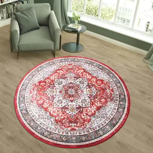 Round Rug Vintage Floral Distressed Design Machine Washable Non-Slip Faux Cashmere Rug for Living Room Dining Room Bedroom Home Office Farmhouse, Red, Grey, Black, 4x4, 5x5 Feet