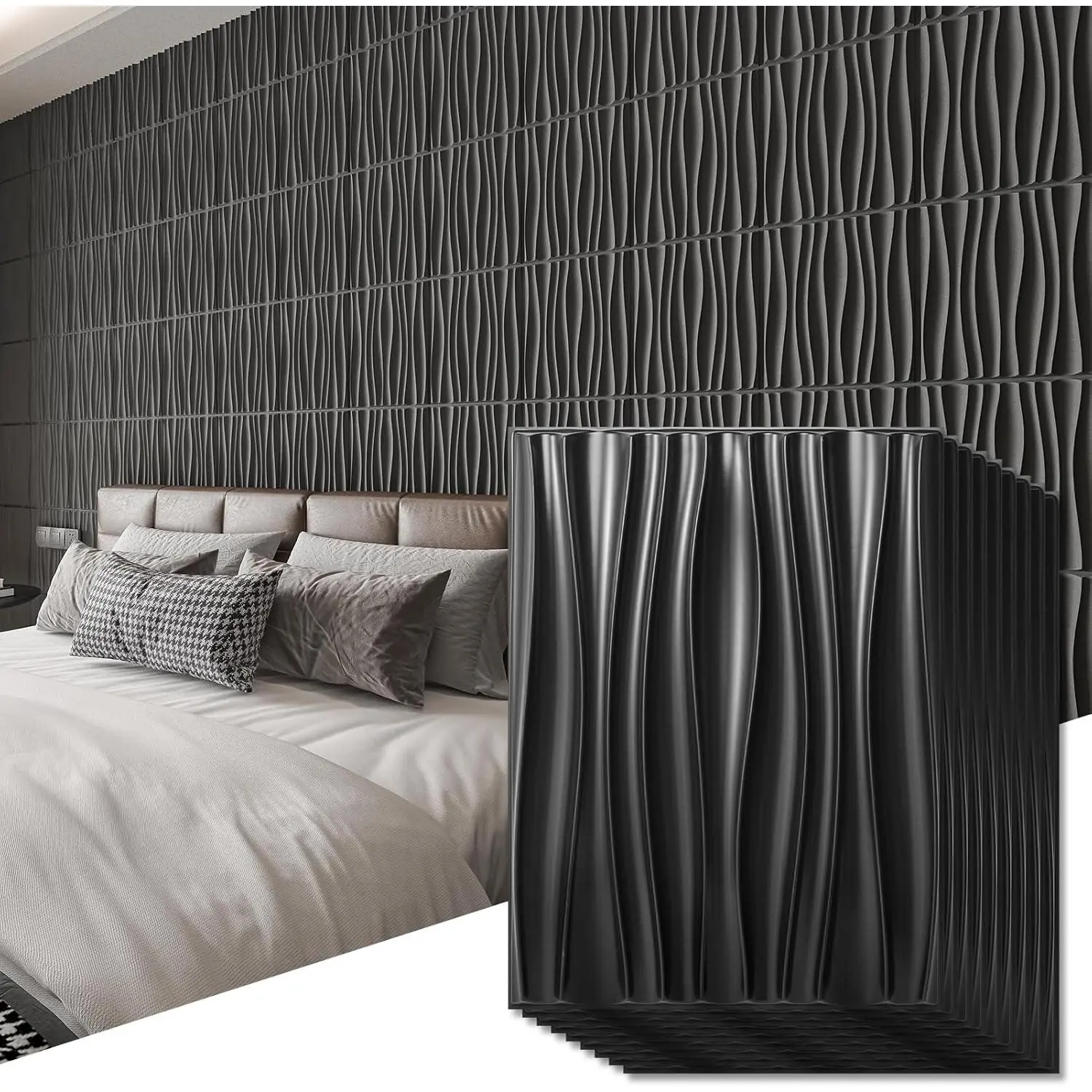 24-Pack  Wall Panels for Interior  Decor, PVC Wavy Textured Accent Wall Paneling for Living Room Bedroom TV Backdrop Office, 15.7 x 11.8 Inch - Black