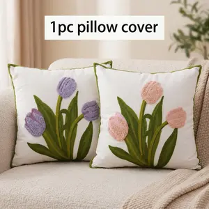 1PC 3D Embroidered Throw Pillow Cover, 18x18 Tulip Pattern Boho Aesthetic Decorative Pillowcase with Zipper, Cozy Spring Summer Cushion Cover for Couch Sofa Bed Living Room