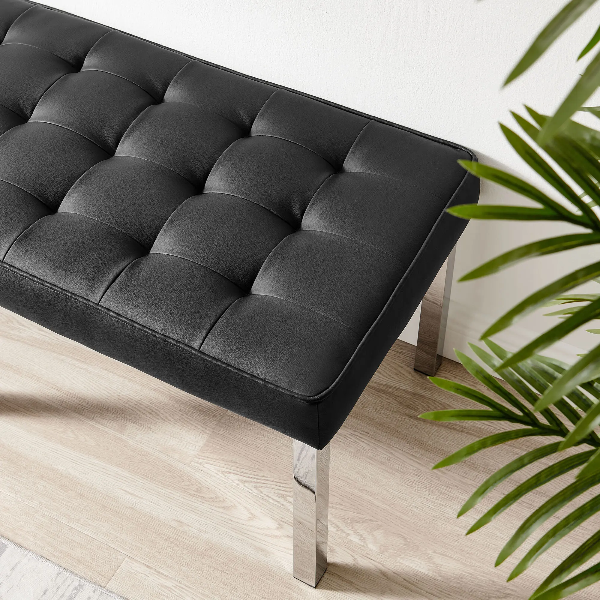 Modway Loft Biscuit Tufted Vegan Leather Bench - Silver Black Stainless Steel Mid-Century Indoor Furniture for Living Room, Lounge, Office Reception Use, Biscuit Tufting