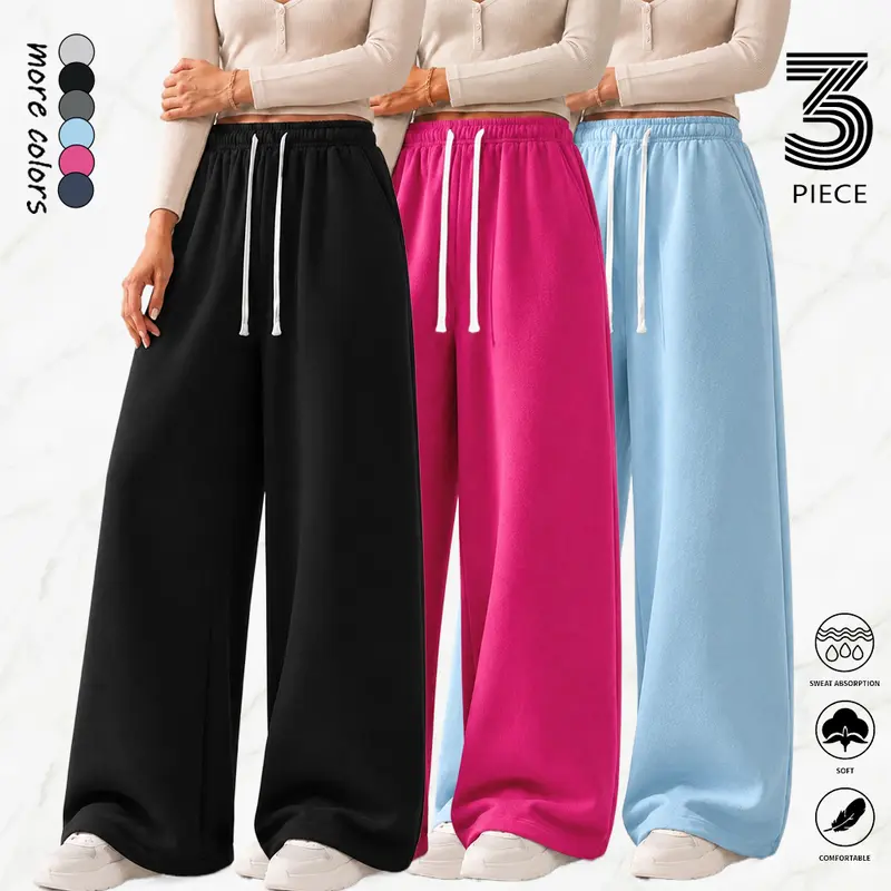 Women's 3-Pack Solid Color Wide-Leg Polyester Casual Athleisure Pants - Lightweight, Comfy Breathable, Drawstring Workout Pant, Athletic, All-Season, Multiple Colors, Gym Workout Apparel, Suitable for Yoga, Commuting, Great Gift