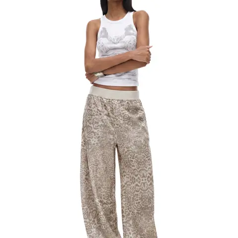 FDR Women's Leopard Print Wide Leg Sweatpants, Retro Baggy Relaxed Fit with Elastic Waist, Soft Casual Streetwear Pants, Vintage Y2K Style for Everyday Wear, Travel and Lounge