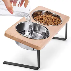 Elevated Pet Bowls - 15° Tilted Raised Food Bowls Wood with Stand 2 Stainless Steel Bowls