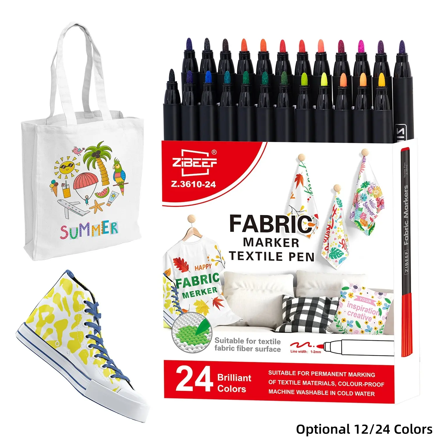 12/24 Colors Fabric Markers - Fine Tip Fabric Markers Permanent for Clothes - No Bleed Pens for T-Shirts, Bags, Textile, Canvas, and more - Permanent Drawing Markers - Marker Set