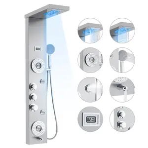 GARVEE Shower Panel Tower System 6 In 1, GARVEE Shower Panel Tower, Raninfall, Waterfall, 4 Output Modes, with Led & Display,Stainless Steel Shower Panel, Silver