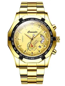 Comudin Yellow Quartz Trendy Men's Watch with Tachymeter Scale and Gold Finish from Mainland China