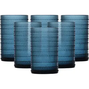 Jupiter Beaded Hobnail Glass Vintage Themed Drinkware Set, 13 Ounce Iced Beverage Glasses (Set of 6), Dishwasher-Safe, Cornflower Blue