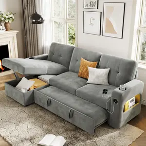 Garvee 84" Modern L-Shaped Sleeper Sofa with Storage, Charging Station, LED Lights, USB/Type-C Ports, Reversible Chaise, Convertible Sectional Velvet Sofa Bed for Living Room and Apartment